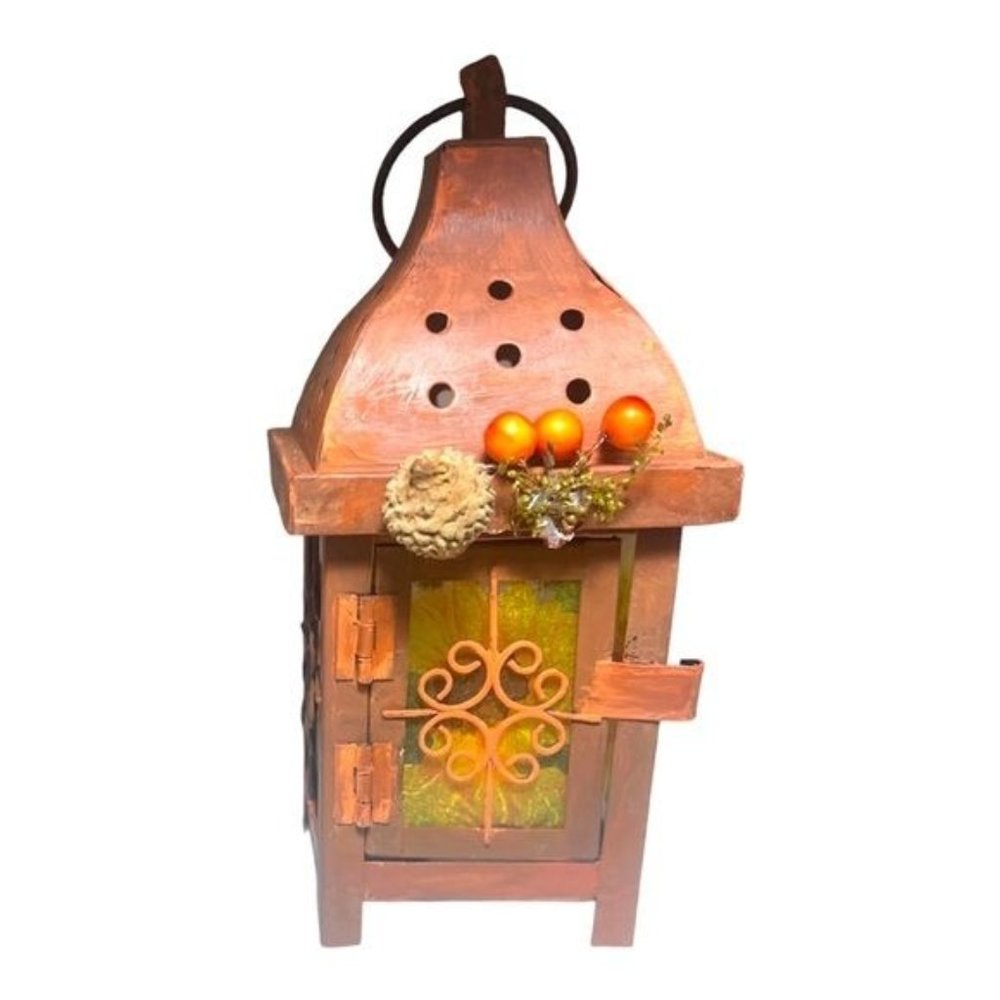 Decoupaged and Hand-Painted Candle Metal Lantern Candle Holder For Fall Decor